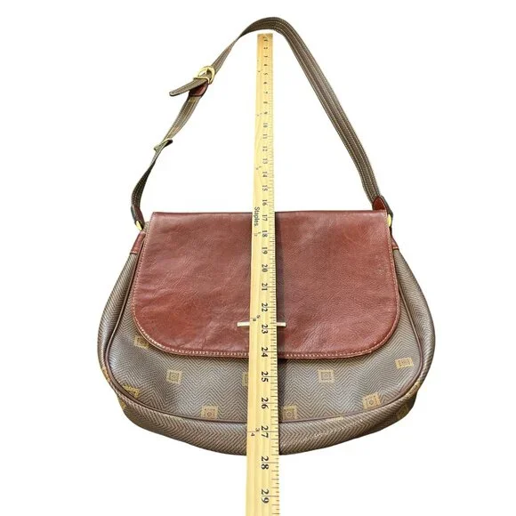 Texier Brown Leather & Green Coated Canvas Shoulder Bag Made in France - Picture 8 of 9